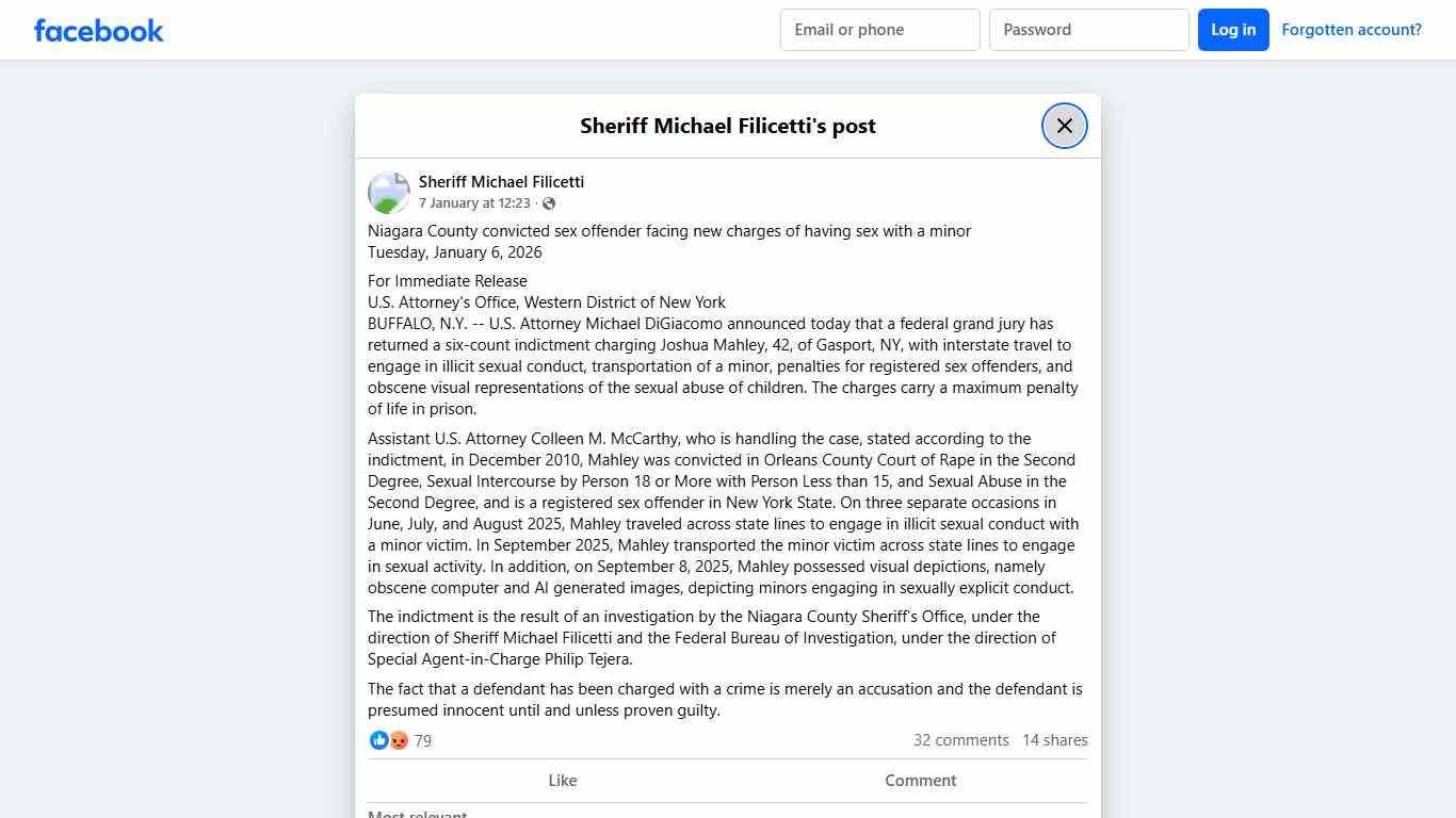 Niagara County convicted sex... - Sheriff Michael Filicetti Facebook
